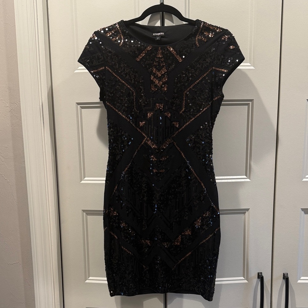 Express Black and Bronze Sequin Mini Dress